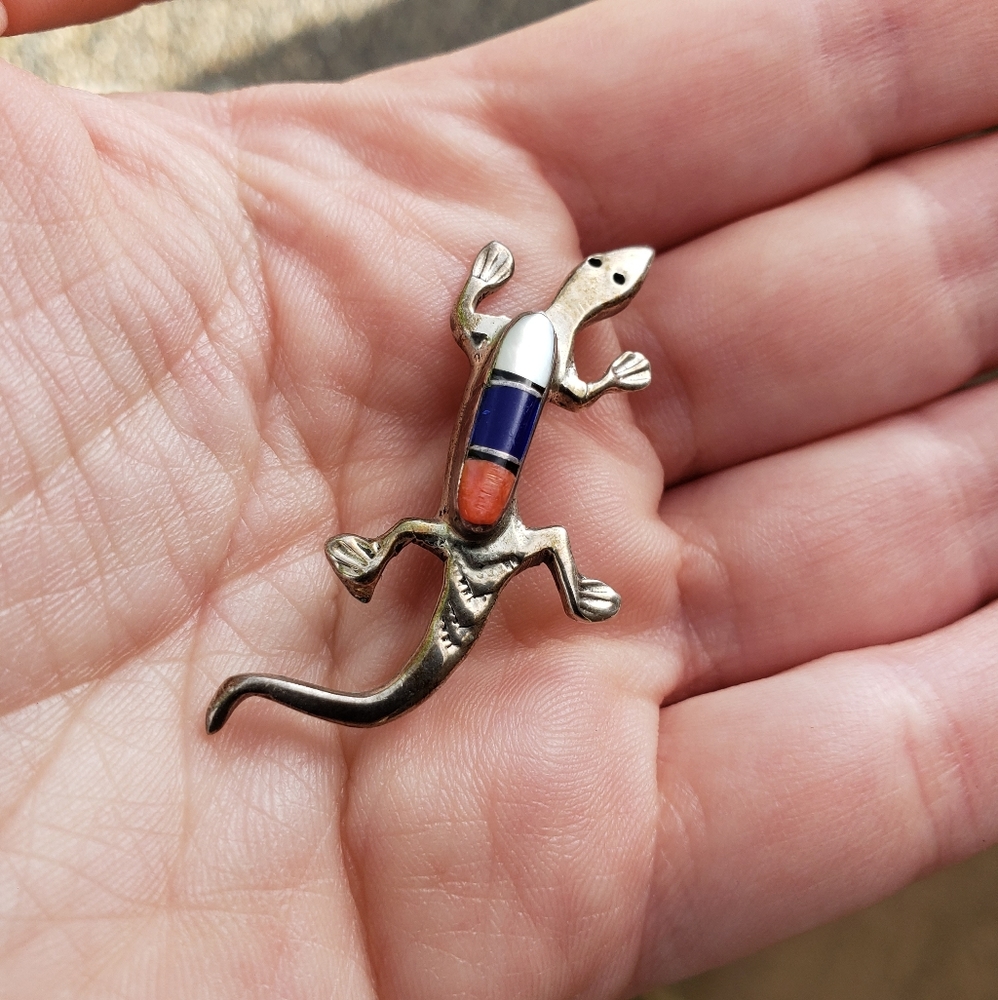 Vintage Signed Silver Navajo Gecko Tie Tack